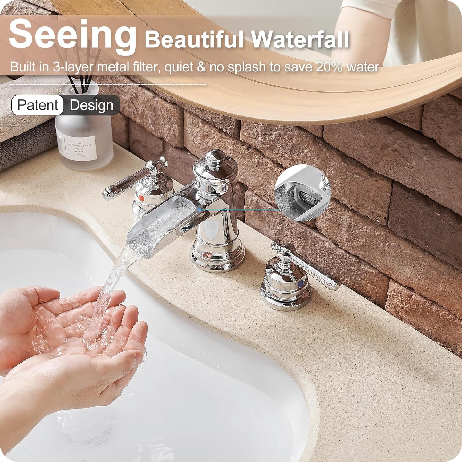 Widespread Waterfall Bathroom Faucet, Brass 3 Hole Bathroom Sink Faucet 4-16 Inch, 2 Handles with Supply Hose & Overflow Pop-Up Drain