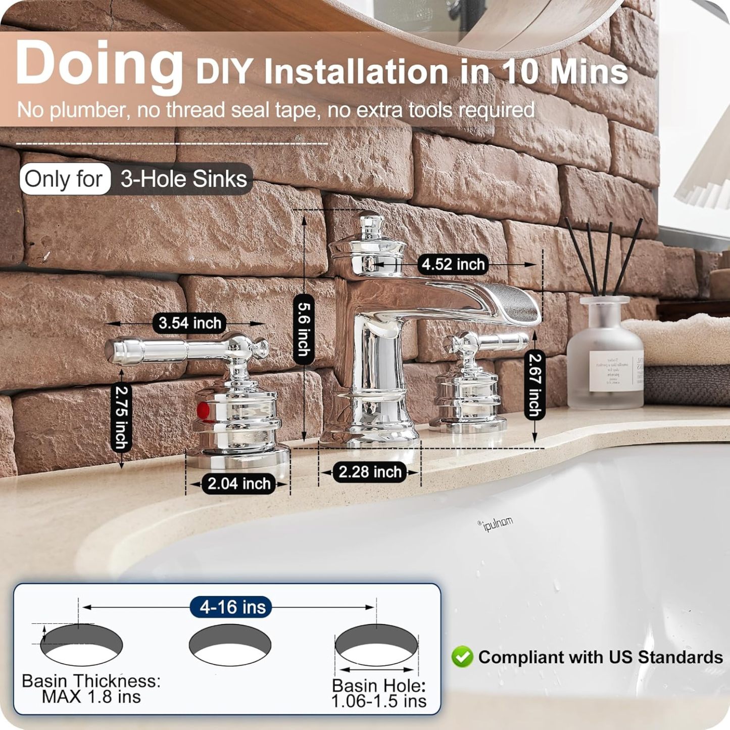 Widespread Waterfall Bathroom Faucet, Brass 3 Hole Bathroom Sink Faucet 4-16 Inch, 2 Handles with Supply Hose & Overflow Pop-Up Drain