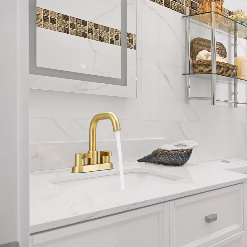 Brushed Gold 4 Inch Centerset Bathroom Faucet, Bathroom Vanity Lavatory Faucets for Sink 3 Hole 2 Handle