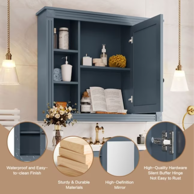 Medicine Cabinets 35-in x 28.7-in Surface Mount Blue Mirrored Rectangle Medicine Cabinet