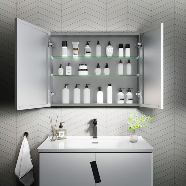 30-in x 24-in Surface/Recessed Mount Silver Mirrored Rectangle Soft Close Medicine Cabinet