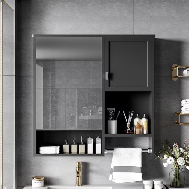 Modern Wall Mounted Bathroom Medicine Cabinet 29-in x 28-in Fog Free Surface Mount Black Mirrored Rectangle Medicine Cabinet