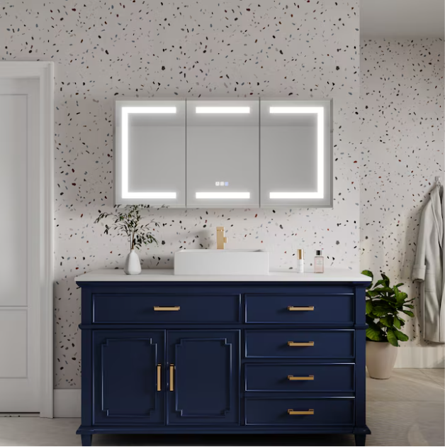 Beveled LED Medicine Cabinet 48-in x 24-in Lighted LED Fog Free Surface/Recessed Mount Silver Mirrored Rectangle Soft Close Medicine Cabinet