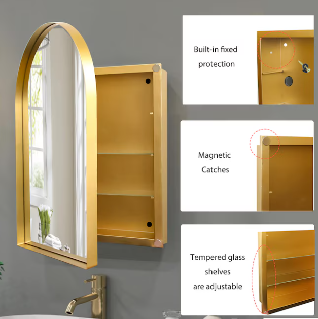 24-in x 36-in Surface/Recessed Mount Gold Mirrored Arched Medicine Cabinet