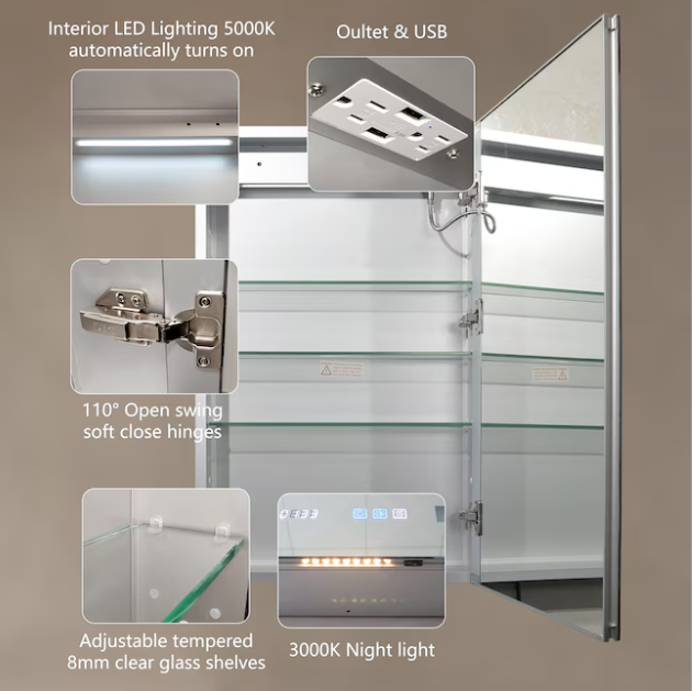 20-in x 32-in Lighted LED Fog Free Surface/Recessed Mount Silver Mirrored Rectangle Soft Close Medicine Cabinet
