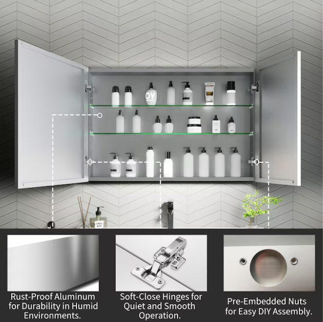 Medicine Cabinets 36-in x 24-in Surface/Recessed Mount Silver Mirrored Rectangle Soft Close Medicine Cabinet