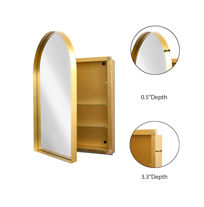 24-in x 36-in Surface/Recessed Mount Gold Mirrored Arched Medicine Cabinet