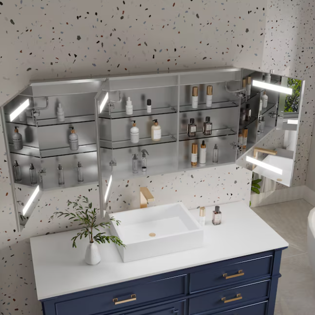 Beveled LED Medicine Cabinet 48-in x 24-in Lighted LED Fog Free Surface/Recessed Mount Silver Mirrored Rectangle Soft Close Medicine Cabinet