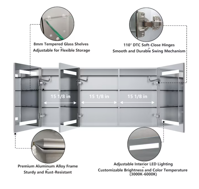 Beveled LED Medicine Cabinet 48-in x 24-in Lighted LED Fog Free Surface/Recessed Mount Silver Mirrored Rectangle Soft Close Medicine Cabinet