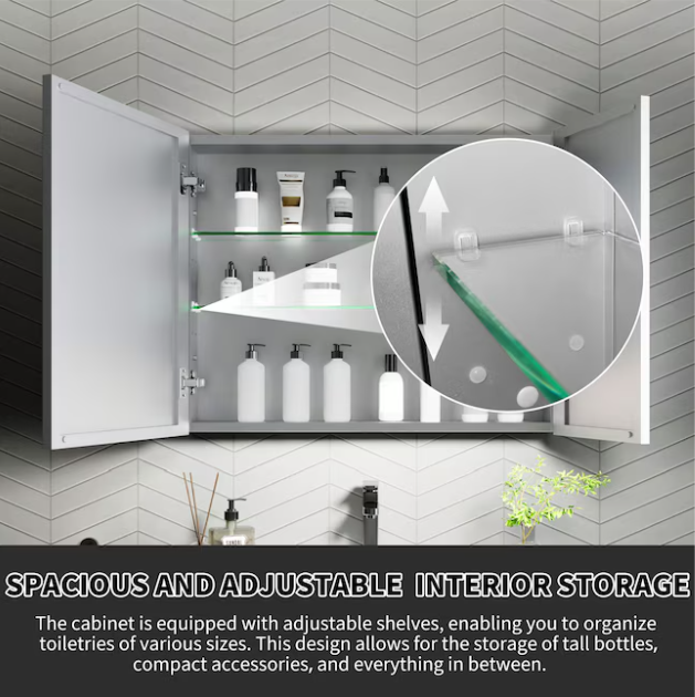 30-in x 24-in Surface/Recessed Mount Silver Mirrored Rectangle Soft Close Medicine Cabinet