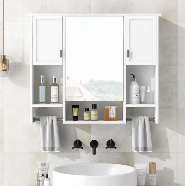 Bathroom Wall Cabinet with Mirror 35-in x 28-in Surface Mount white Mirrored Rectangle Soft Close Medicine Cabinet