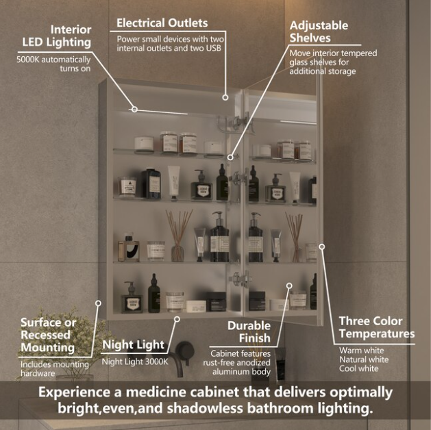 20-in x 32-in Lighted LED Fog Free Surface/Recessed Mount Silver Mirrored Rectangle Soft Close Medicine Cabinet