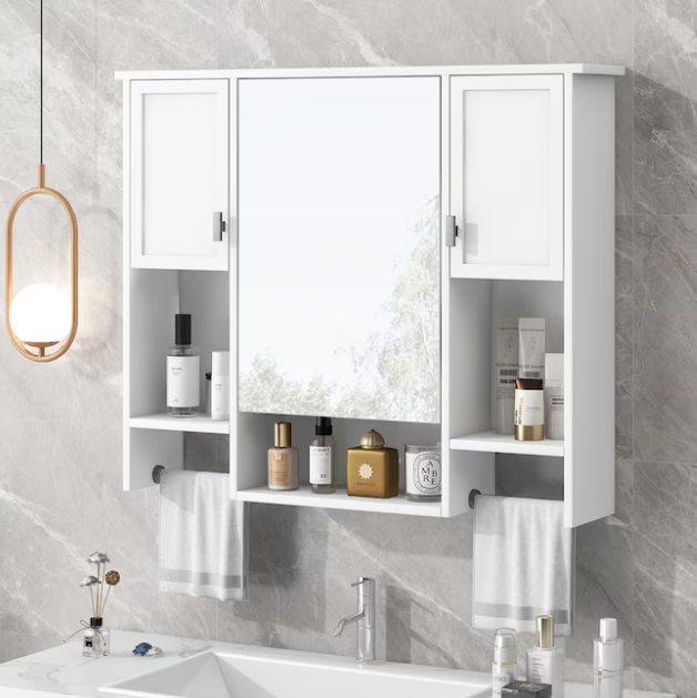 Bathroom Wall Cabinet with Mirror 35-in x 28-in Surface Mount white Mirrored Rectangle Soft Close Medicine Cabinet
