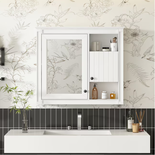 32-in x 28-in Surface Mount white Mirrored Rectangle Soft Close Medicine Cabinet with Outlet