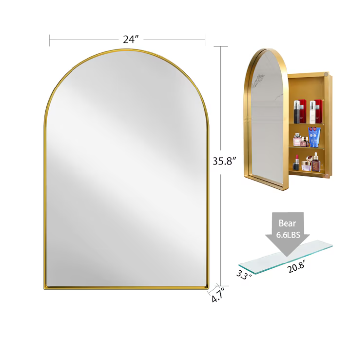 24-in x 36-in Surface/Recessed Mount Gold Mirrored Arched Medicine Cabinet
