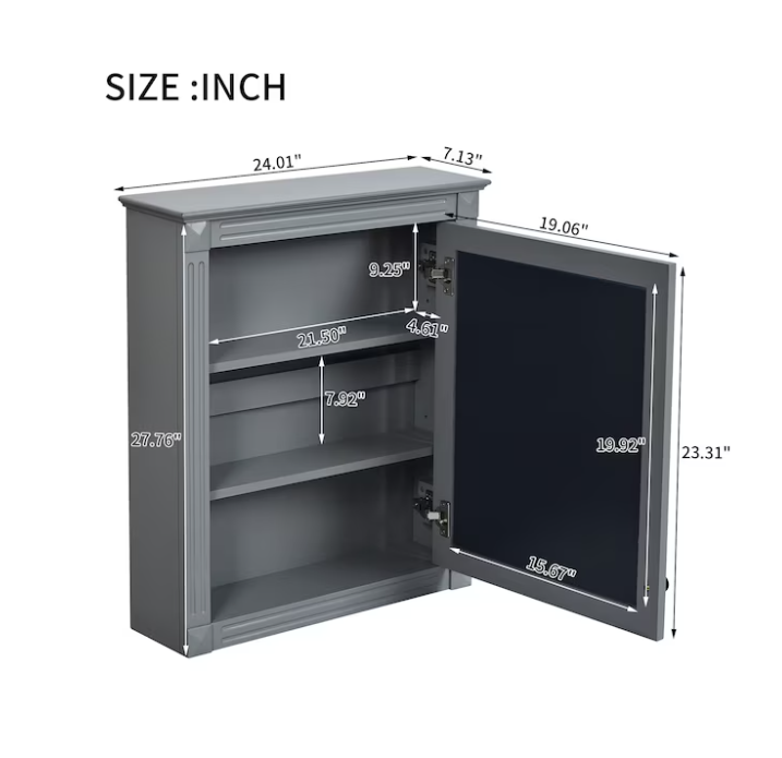 24-in x 27-in Surface Mount Grey Mirrored Rectangle Soft Close Medicine Cabinet