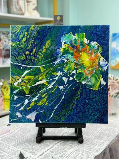 Hand-Painted Pour Painting - Vibrant Jellyfish by Siviqua