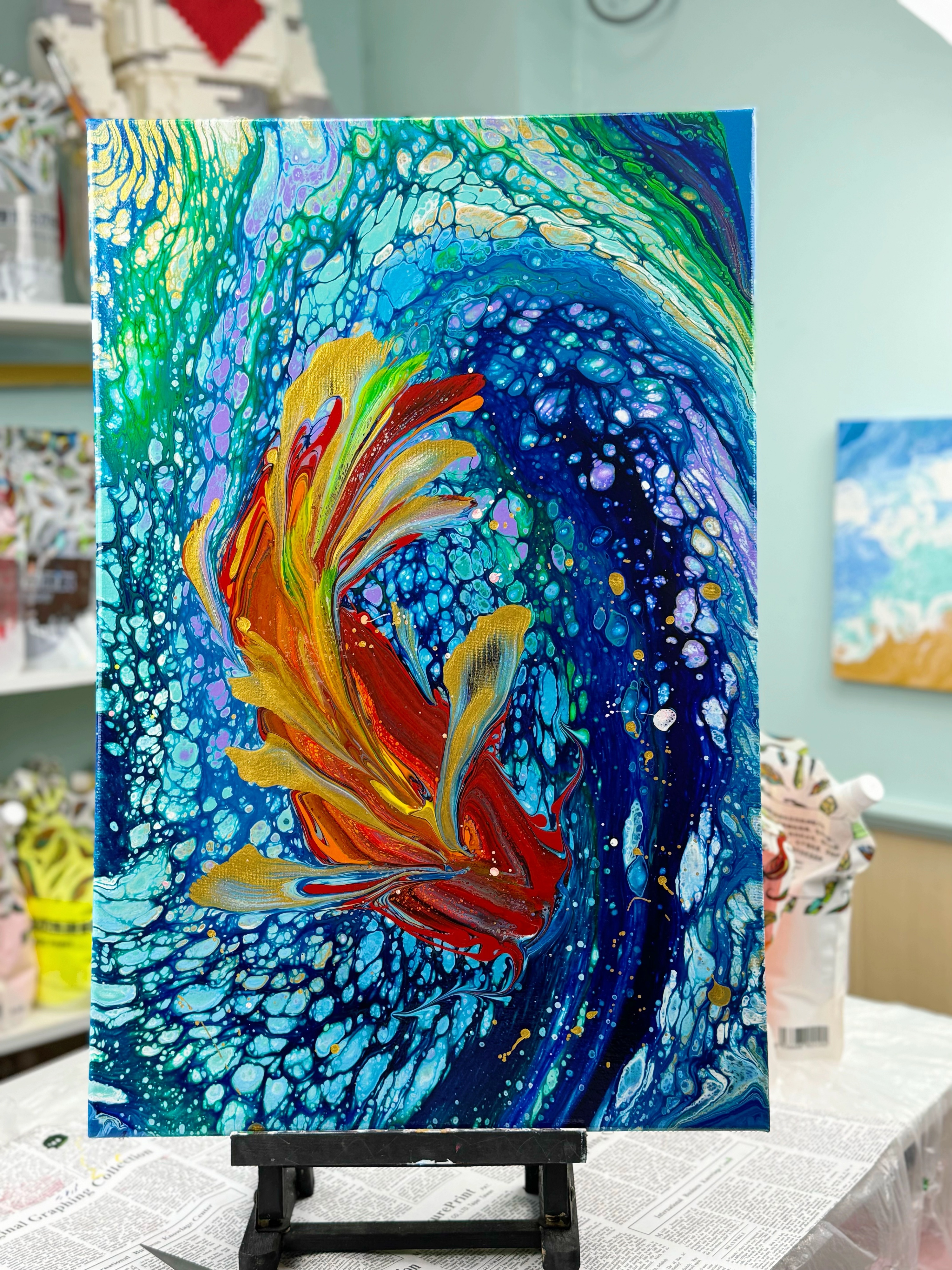 Hand-Painted Pour Painting - Koi Fish in Motion by Siviqua