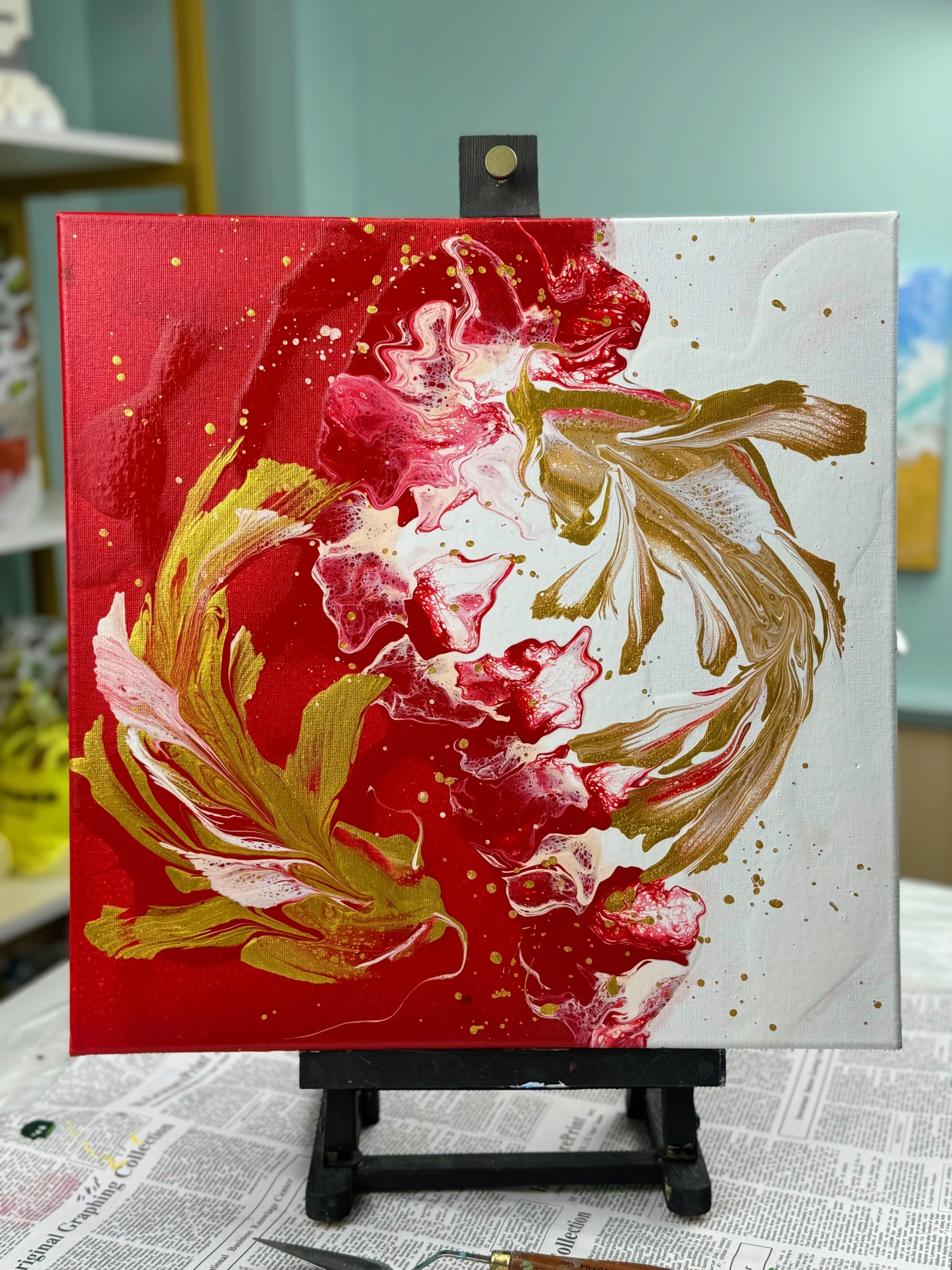 Hand-Painted Pour Painting - Red and Gold Koi Fish by Siviqua