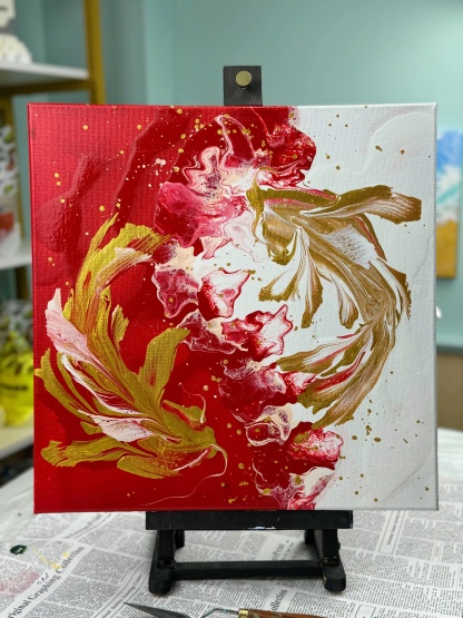 Hand-Painted Pour Painting - Red and Gold Koi Fish by Siviqua