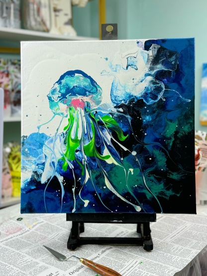 Hand-Painted Pour Painting - Enchanted Jellyfish by Siviqua