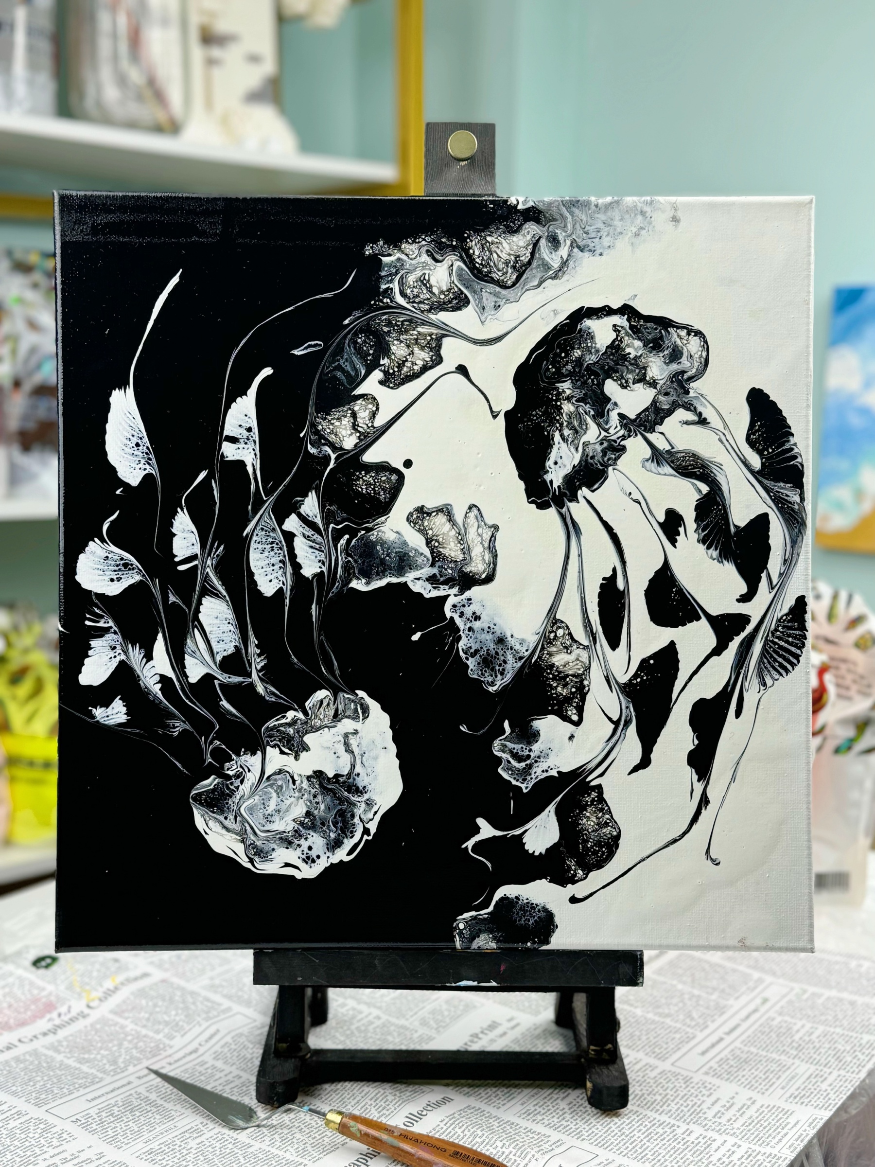 Hand-Painted Pour Painting - Black and White Koi Fish by Siviqua