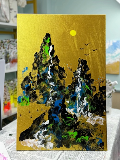 Hand-Painted Pour Painting - Mountain Landscape by Siviqua