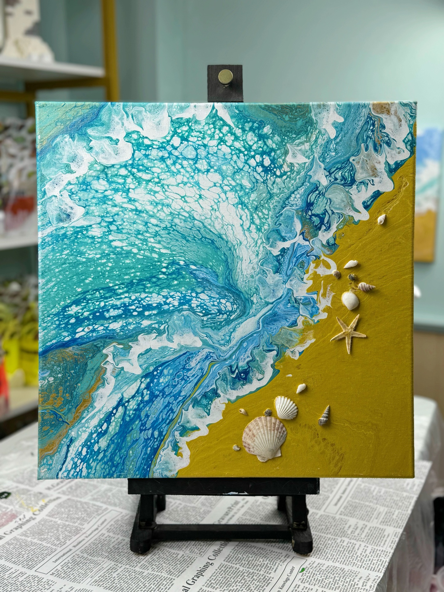 Hand-Painted Pour Painting - Seaside Waves by Siviqua