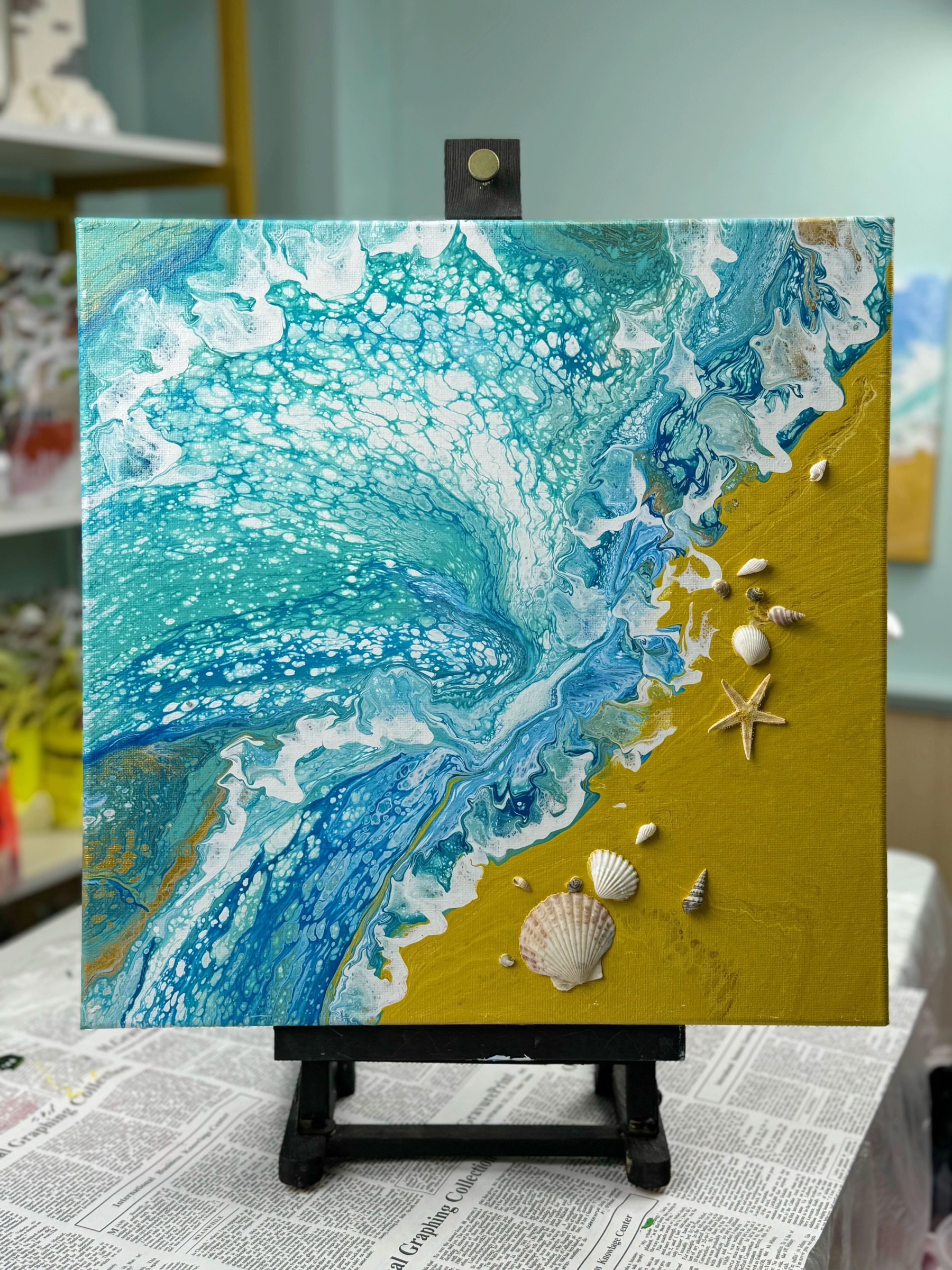 Hand-Painted Pour Painting - Seaside Waves by Siviqua