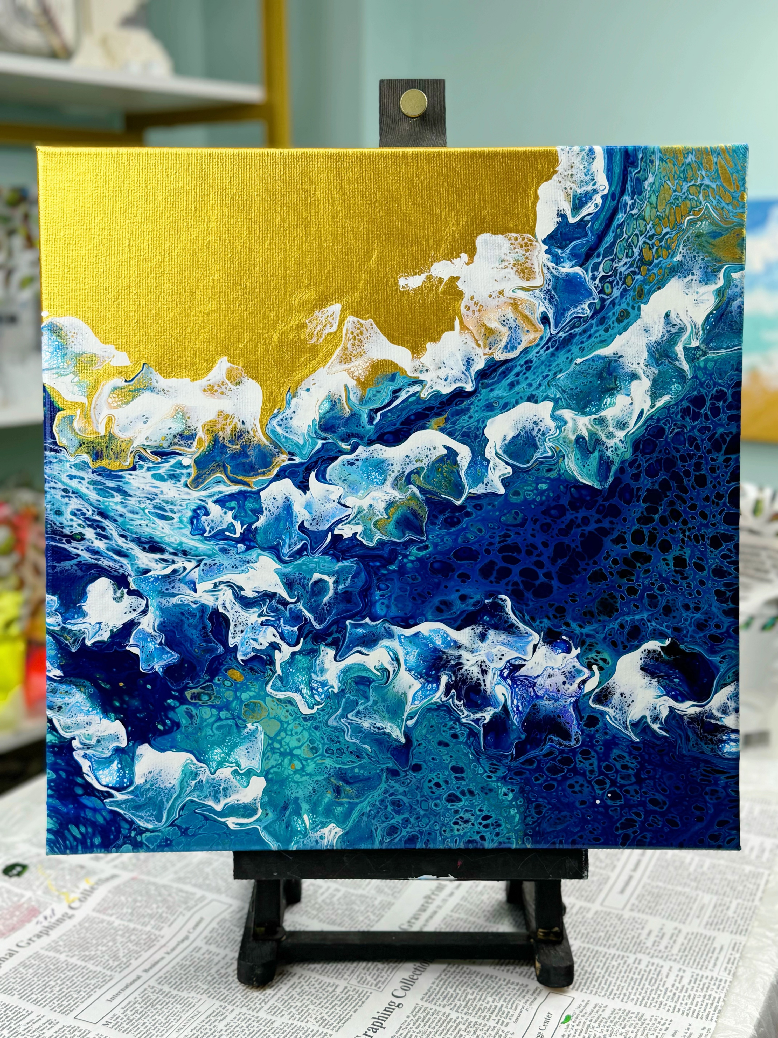 Hand-Painted Pour Painting - Tranquil Beach Waves by Siviqua