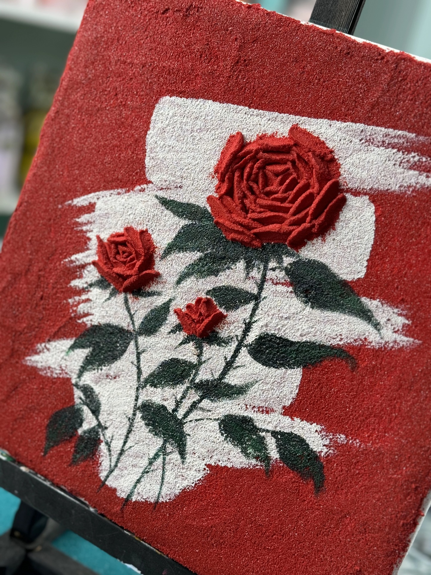 Textured Quartz Sand Painting – Red Roses on Bold Scarlet Background