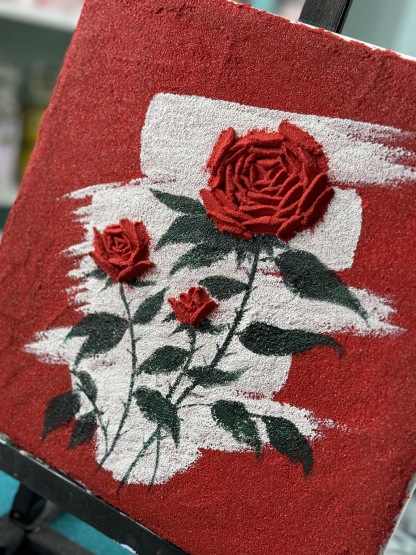 Textured Quartz Sand Painting – Red Roses on Bold Scarlet Background