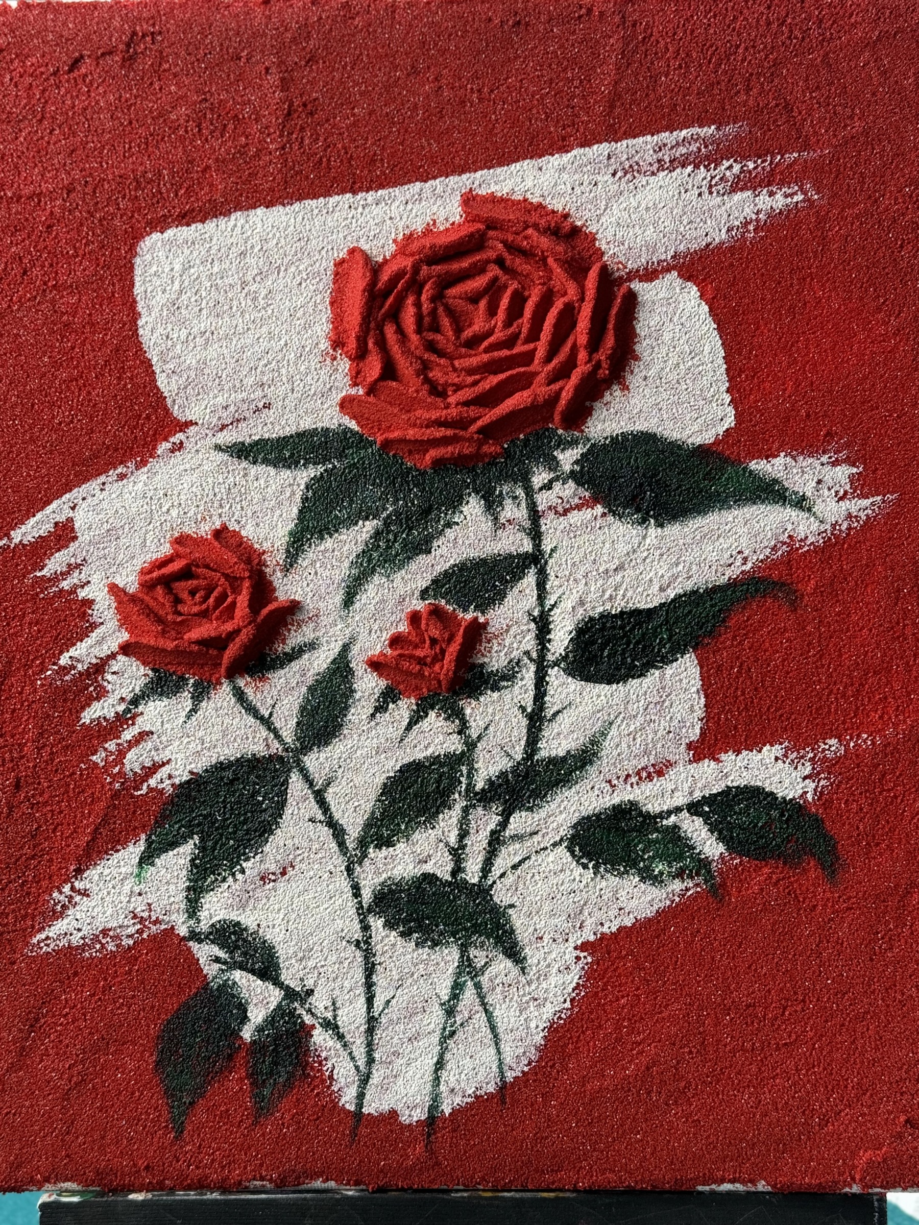 Textured Quartz Sand Painting – Red Roses on Bold Scarlet Background