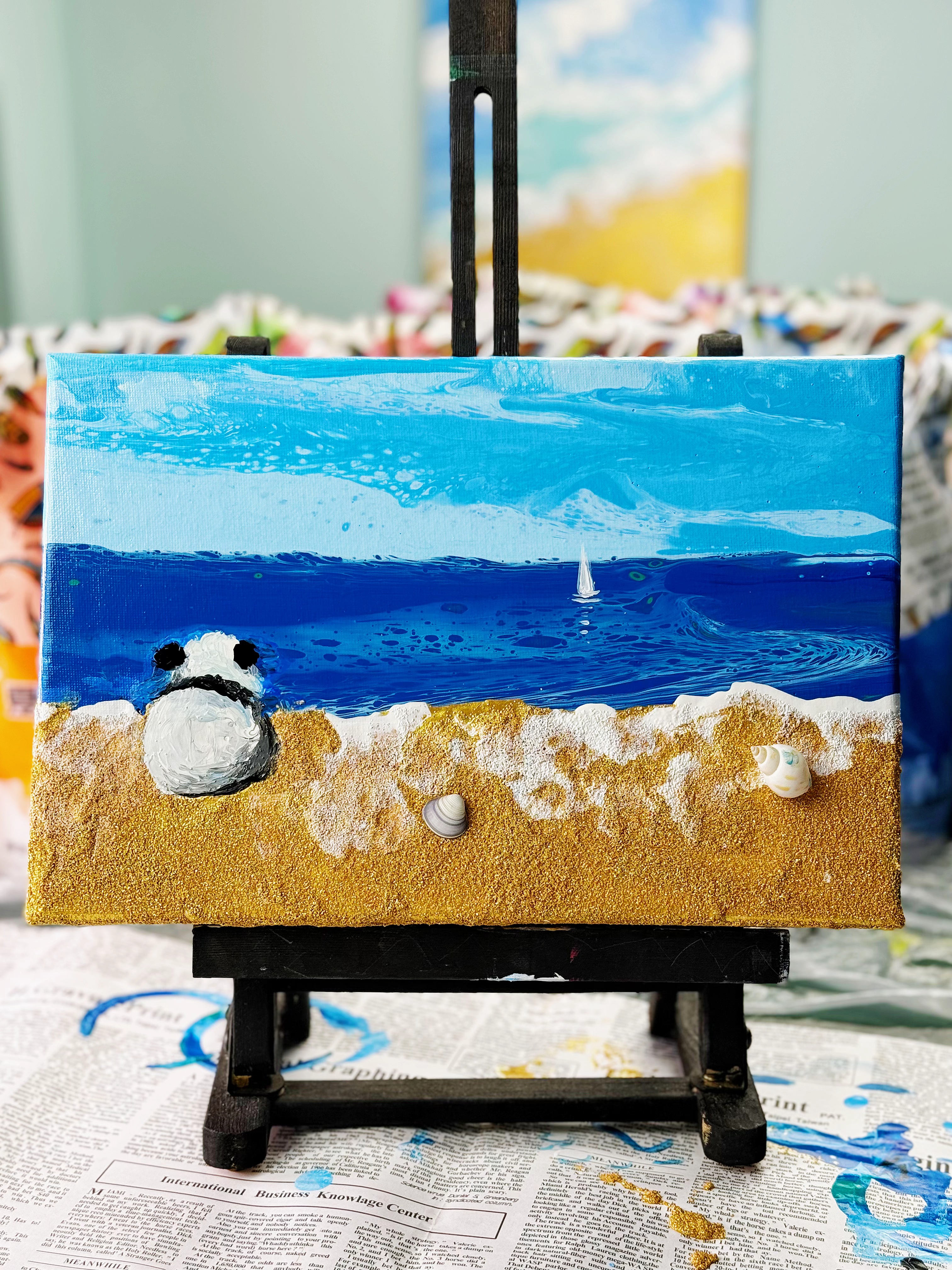 Beachside Panda Fluid Art – Coastal Acrylic Pour Painting