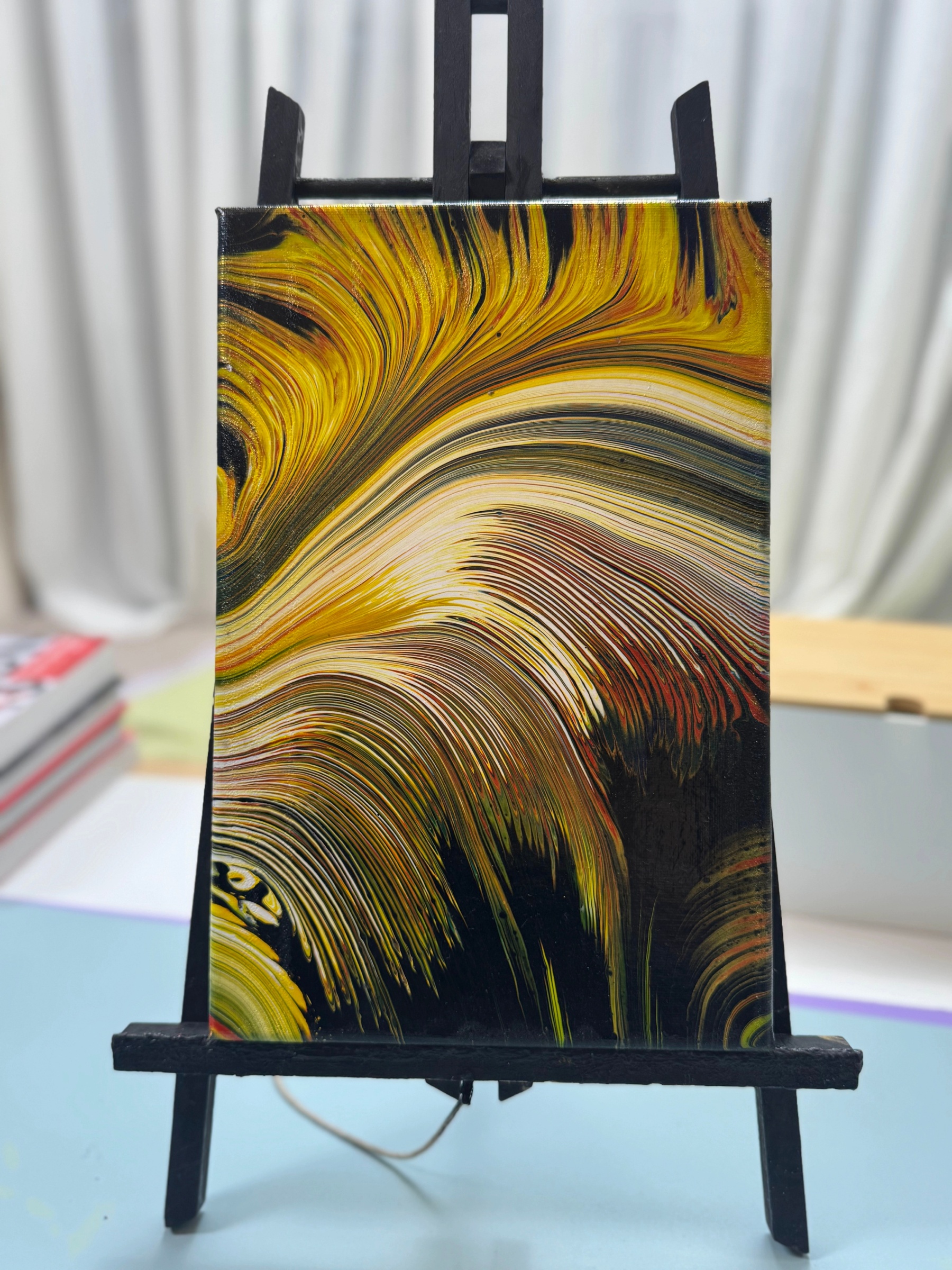 “Golden Wave Feather Fluid Art 20×30cm” | Handmade Dynamic - Themed Fluid Painting