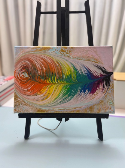 “Rainbow Feather Fluid Art 20×30cm” | Handmade Vibrant - Themed Fluid Painting