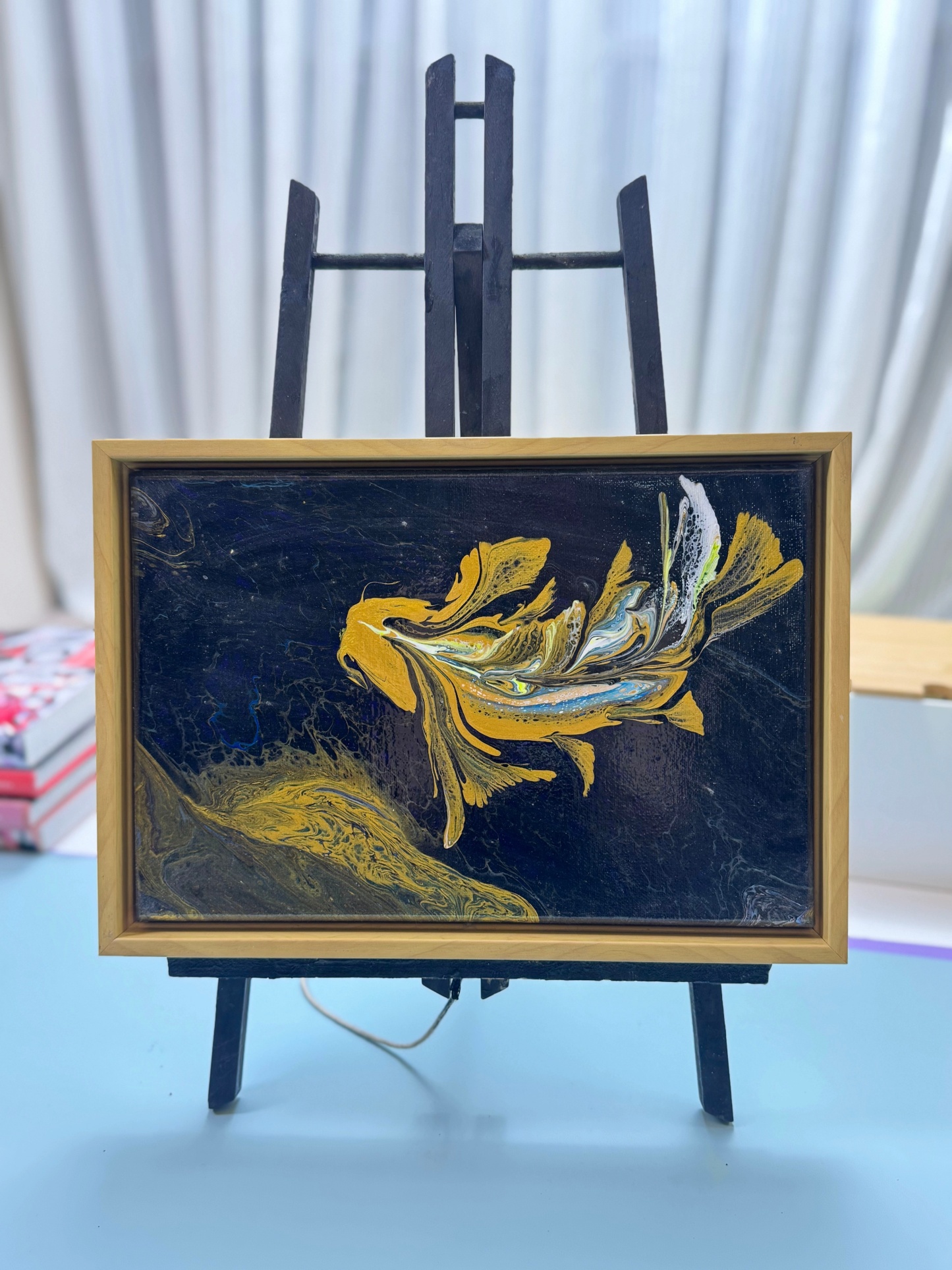 Golden Koi Fish Framed Art 20×30cm” | Handmade Oriental - Themed Fluid Painting