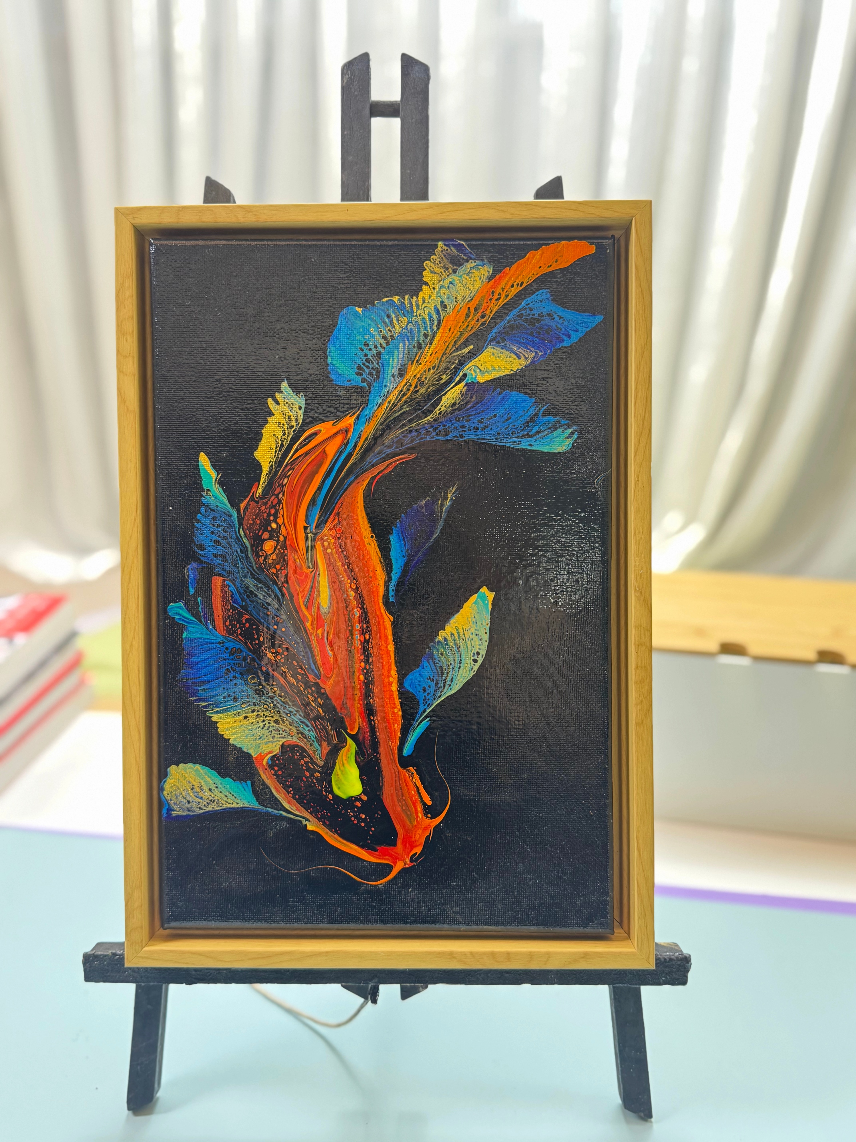 “Vibrant Koi Fish Framed Art 20×30cm” | Handmade Oriental - Themed Fluid Painting