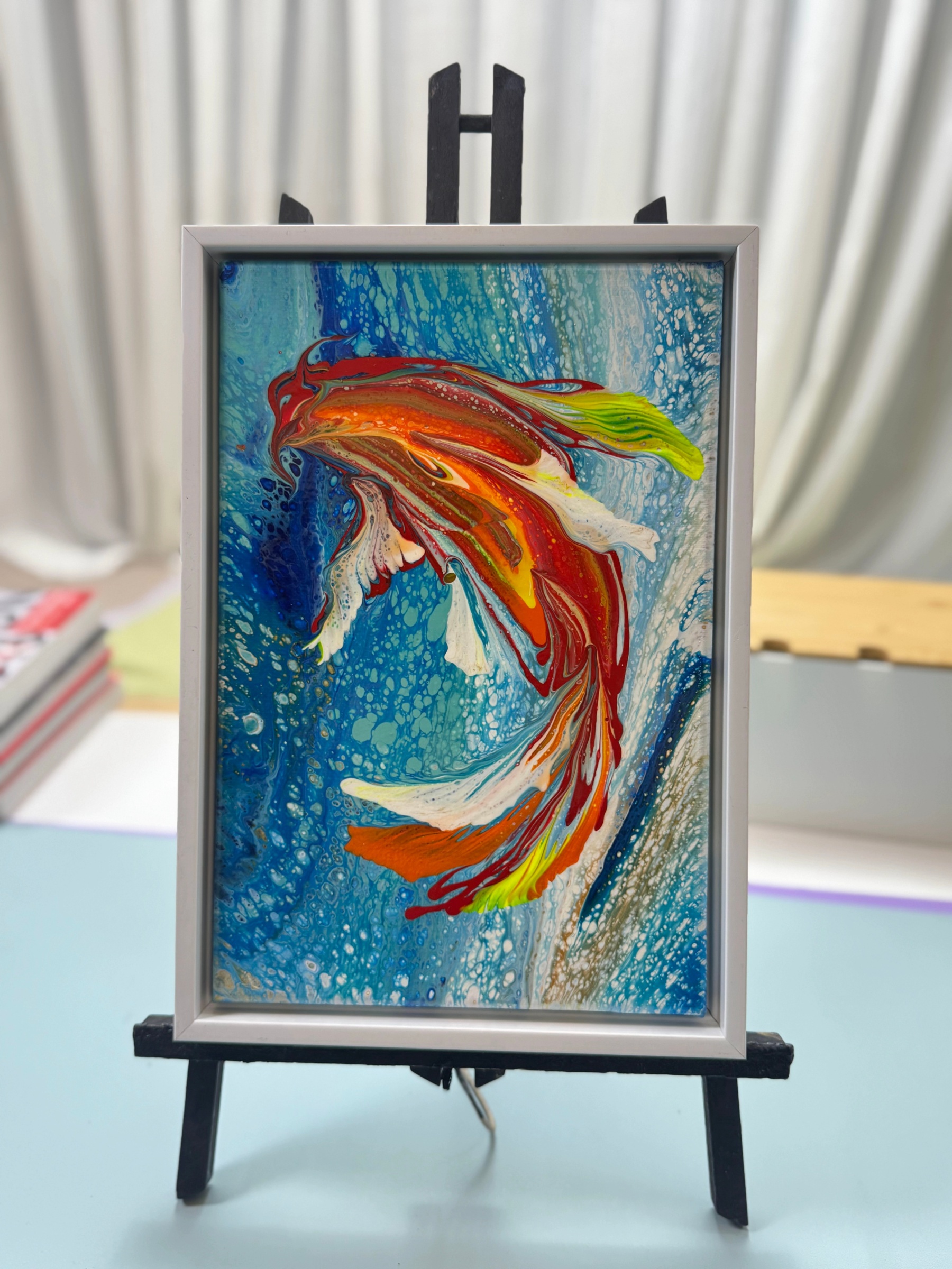“Ocean Koi Fish Framed Art 20×30cm” | Handmade Oriental - Themed Fluid Painting