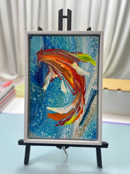 “Ocean Koi Fish Framed Art 20×30cm” | Handmade Oriental - Themed Fluid Painting