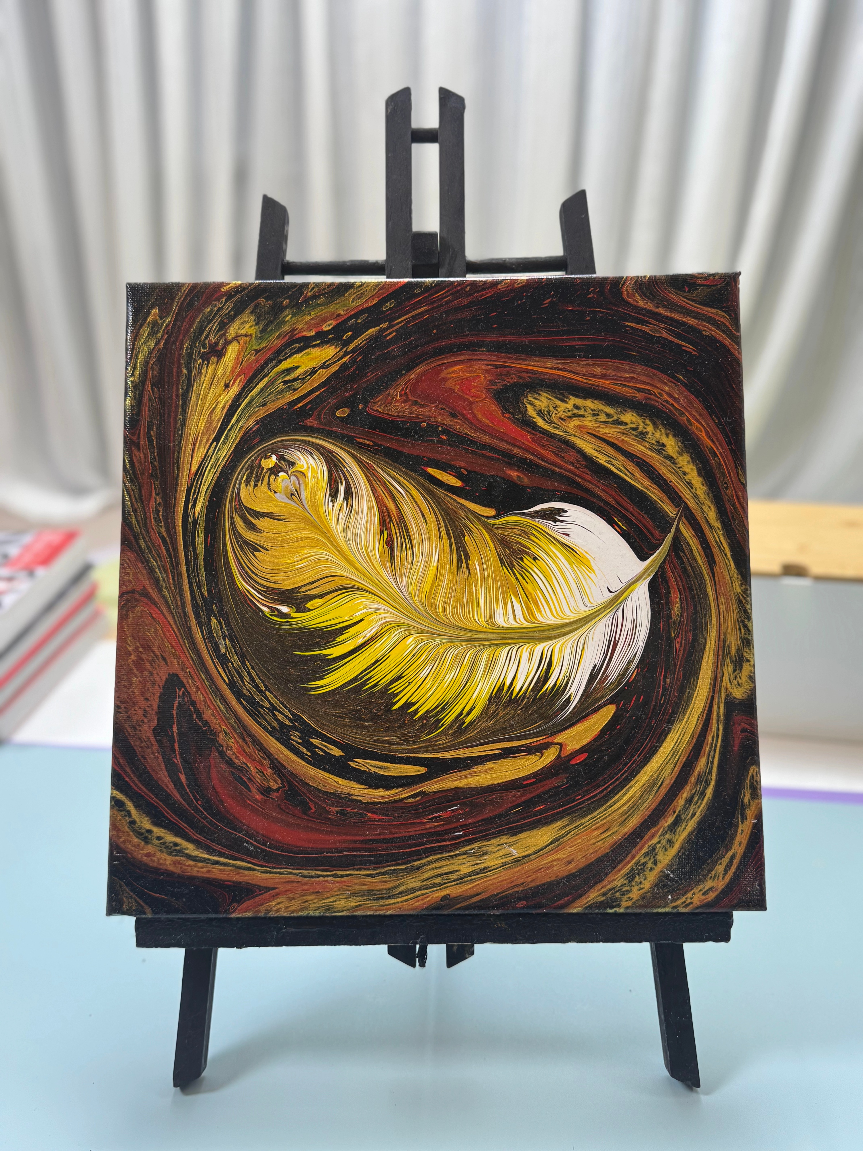 “Fiery Feather Fluid Art 30×30cm” | Handmade Dynamic - Themed Fluid Painting