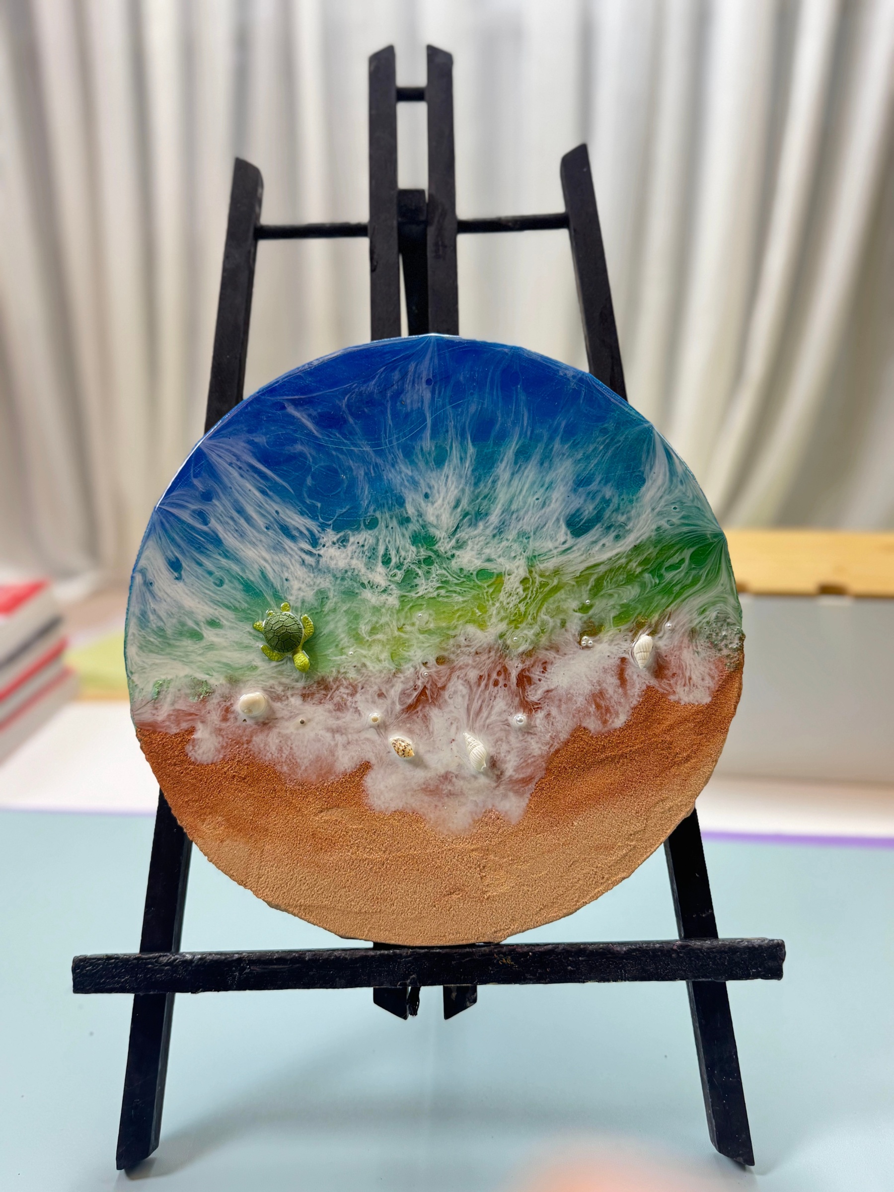 “Sea Turtle Beach Resin Art” | Handmade Round Ocean - Themed 3D Resin Painting