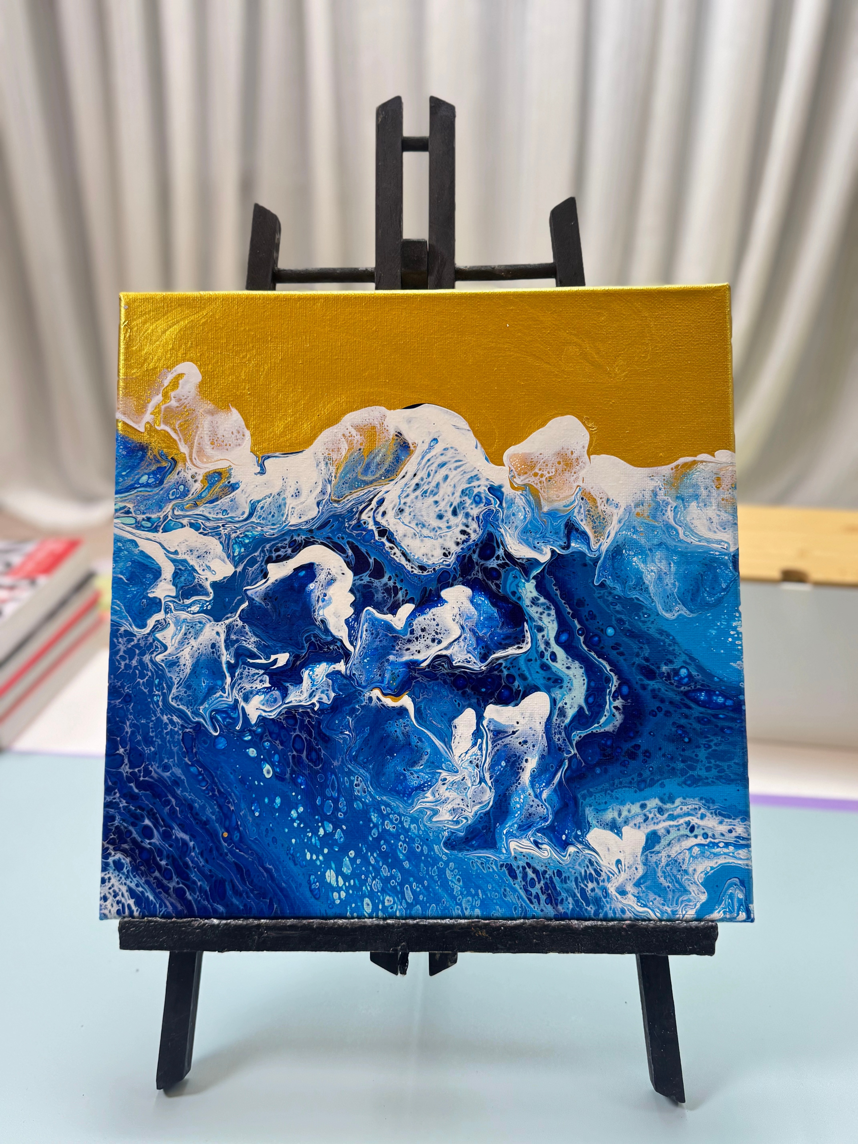 “Golden Wave Fluid Art 20×20cm” | Handmade Ocean - Themed Fluid Painting