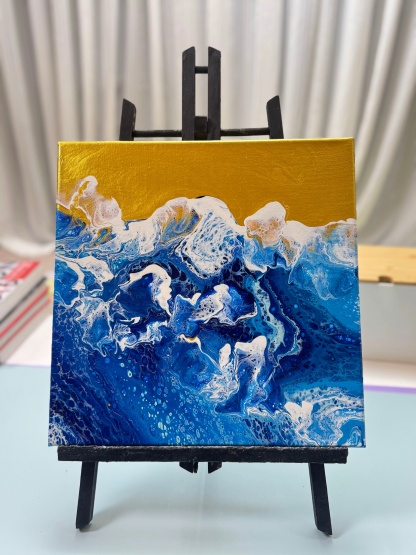 “Golden Wave Fluid Art 20×20cm” | Handmade Ocean - Themed Fluid Painting