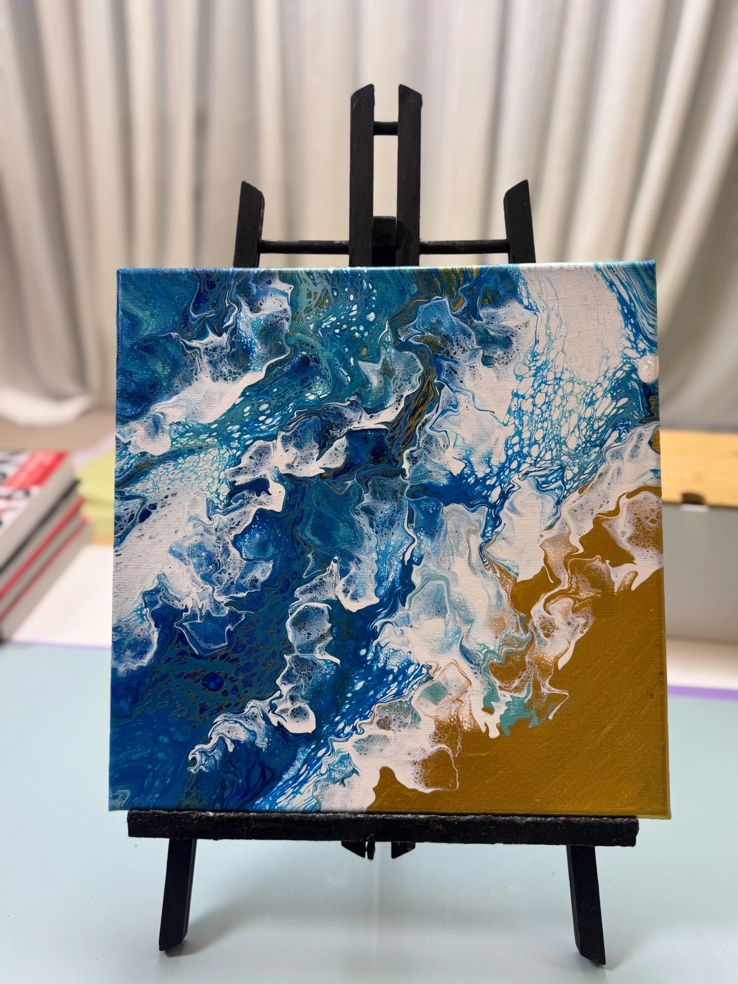 “Golden Shore Fluid Art 20×20cm” | Handmade Ocean - Themed Fluid Painting
