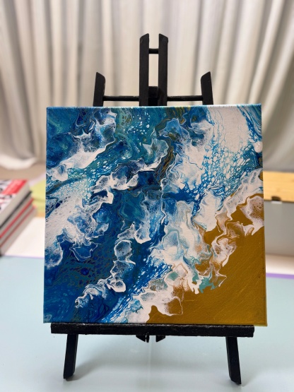 “Golden Shore Fluid Art 20×20cm” | Handmade Ocean - Themed Fluid Painting