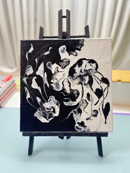 “Ink Koi Fluid Art 20×20cm” | Handmade Oriental - Themed Black & White Fluid Painting