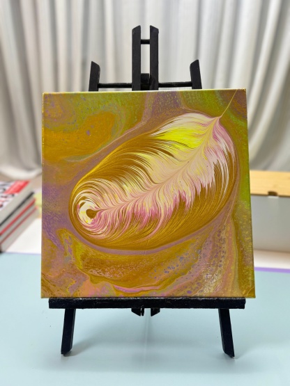 “Golden Feather Fluid Art 30×30cm” | Handmade Elegance - Themed Fluid Painting