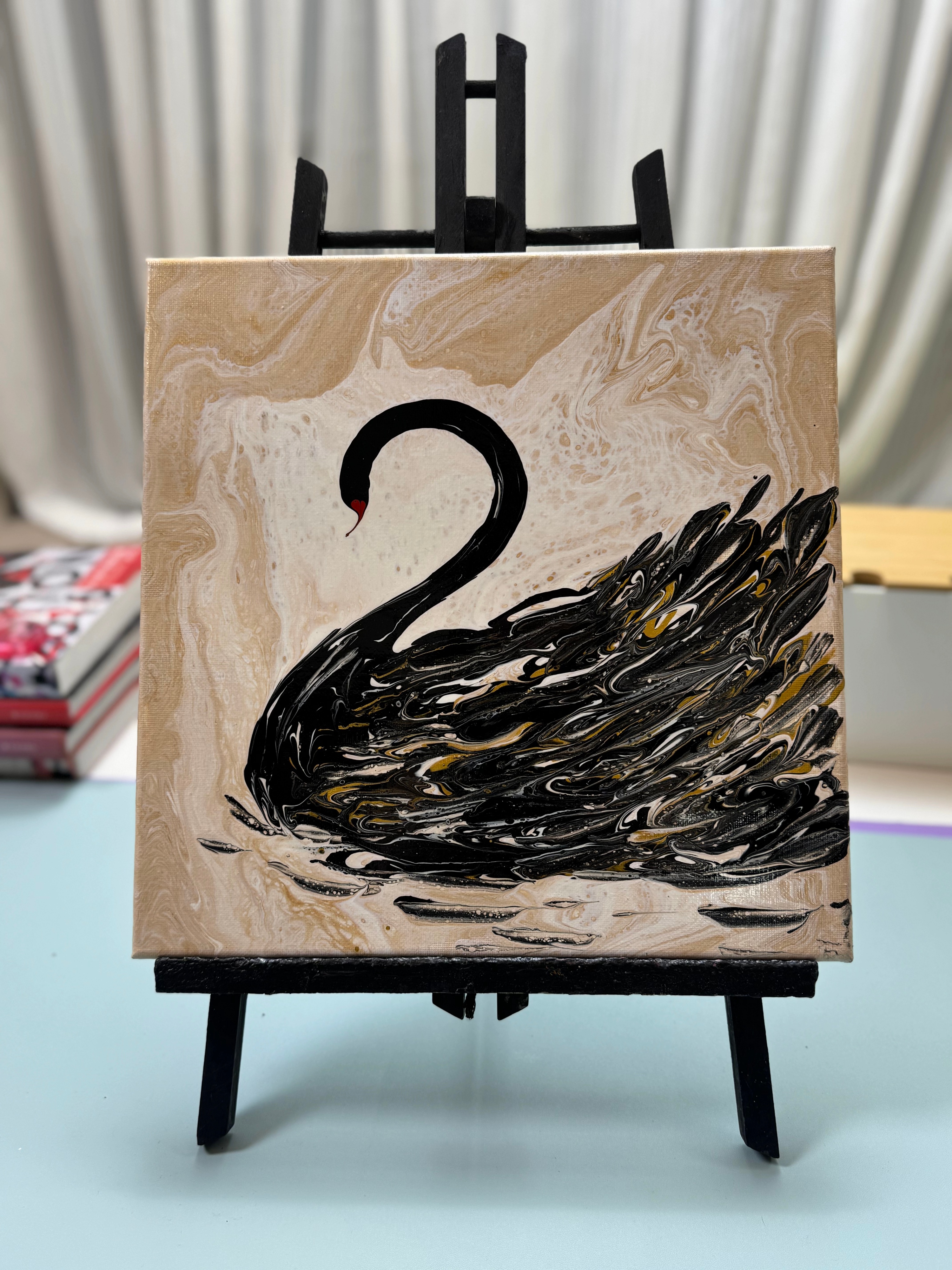 “Golden Black Swan Fluid Art 30×30cm” | Handmade Elegance - Themed Fluid Painting