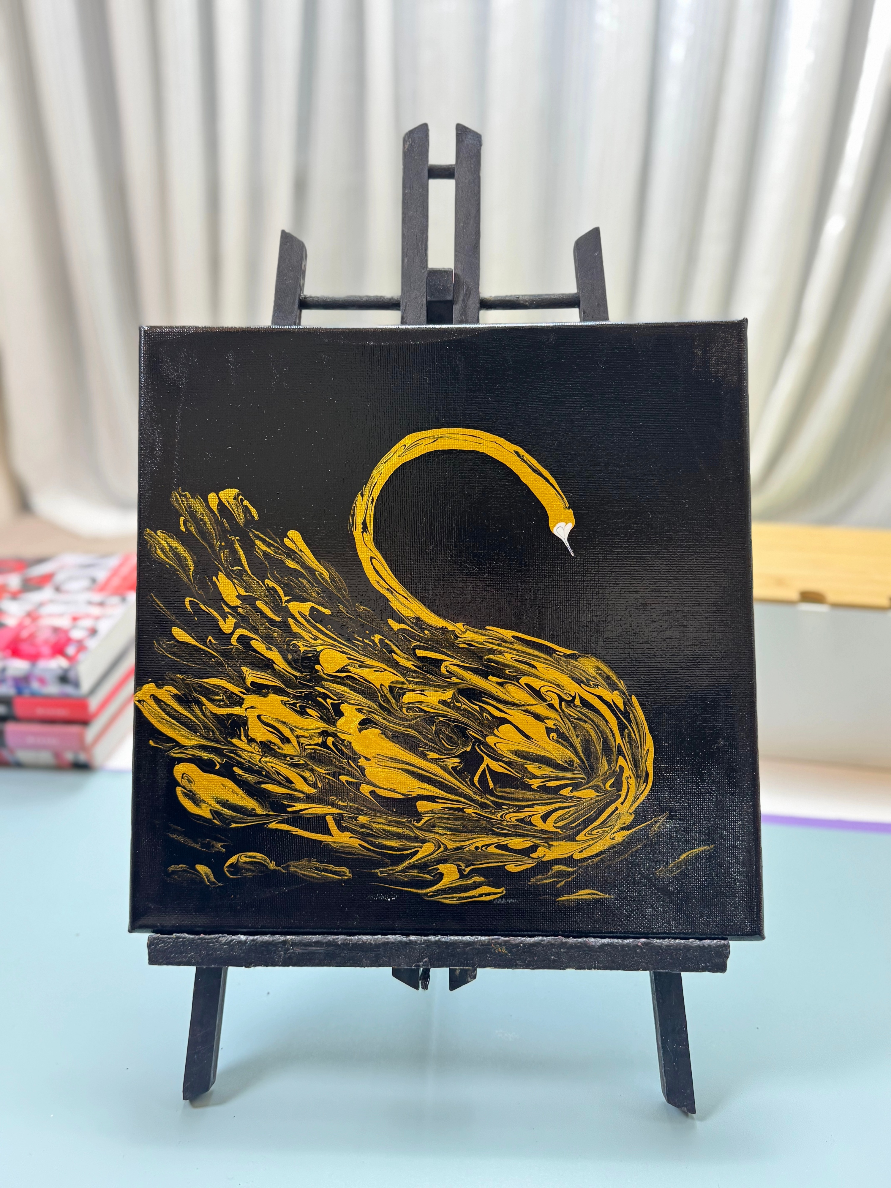 “Golden Swan on Black Fluid Art 30×30cm” | Handmade Luxury - Themed Fluid Painting